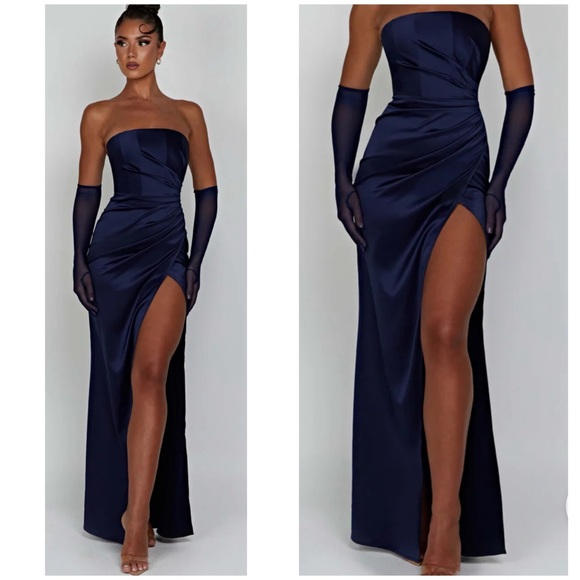 Baby Boo Safiya Corset Strapless Satin Maxi Dress in Navy Blue - Picture 1 of 15